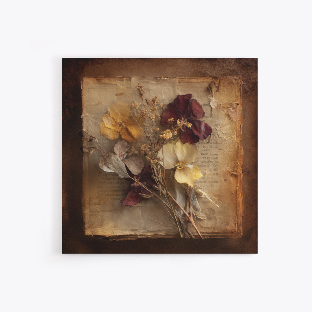 Botanical Pressed Flowers Inside Old Pages Canvas Print, Library Art, Painting, Library Decor, Oil Painting, Archive, LIB-1x1-81