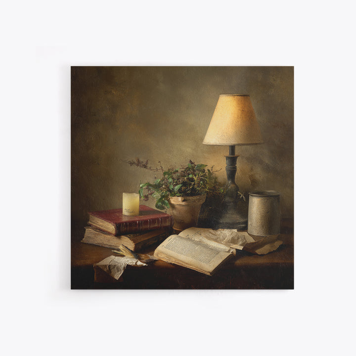 Warm Reading Lamp and Small Plant Still Framed Canvas Print, Library Art, Wall Art, Library Decor, Oil Painting, Archive, LIB-1x1-93