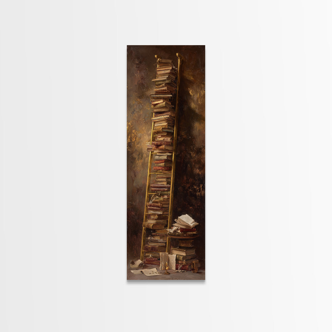 Rolling Library Ladder Framed Canvas Print, Library Art, Wall Art Print, Library Decor, Abstract Art, Archive, LIB-1x3-15