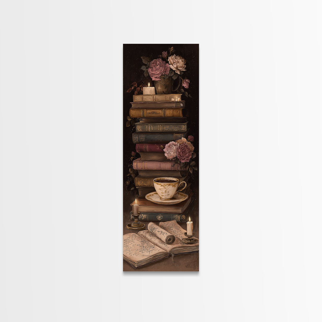 Teacup Beside a Novel and Roses Canvas Print, Library Art, Gothic Wall Decor, Library Decor, Fine Art, Archive, LIB-1x3-2