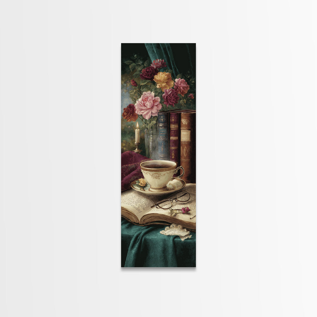 Teacup Beside a Novel and Roses Canvas Print, Library Art, Gothic Wall Decor, Library Decor, Fine Art, Archive, LIB-1x3-26
