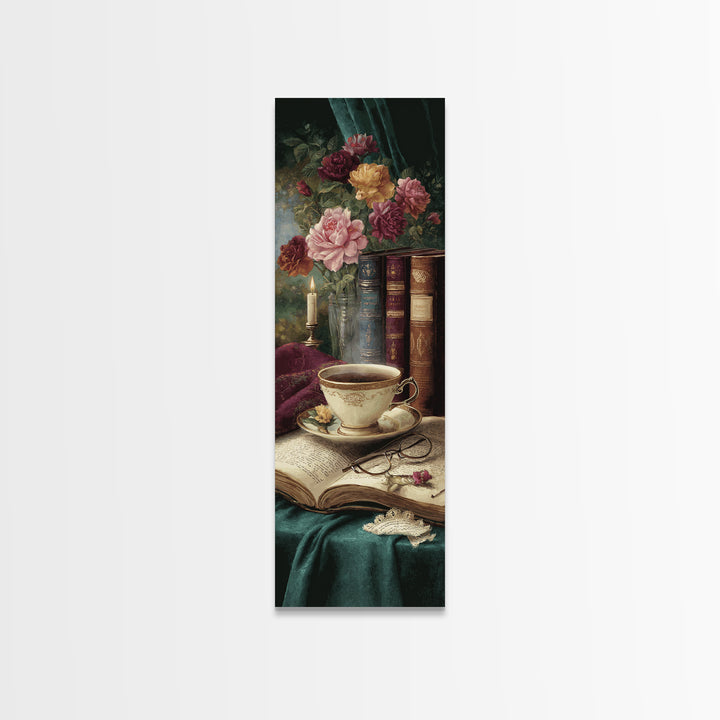 Teacup Beside a Novel and Roses Canvas Print, Library Art, Gothic Wall Decor, Library Decor, Fine Art, Archive, LIB-1x3-26