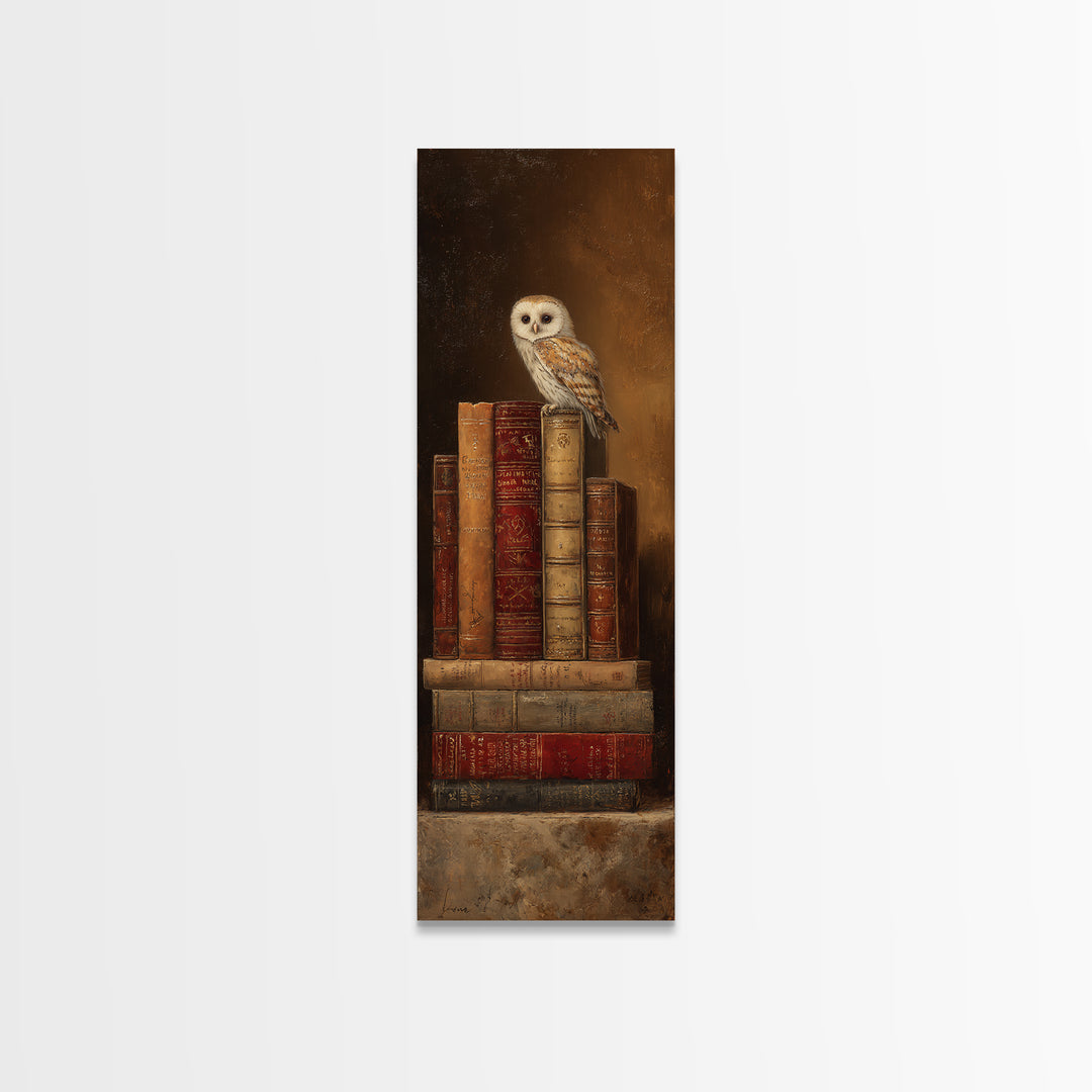 Owl Perched on a Pile of Antique Canvas Print, Library Art, Gallery Decor, Library Decor, Fine Art, Archive, Wall Art, LIB-1x3-38