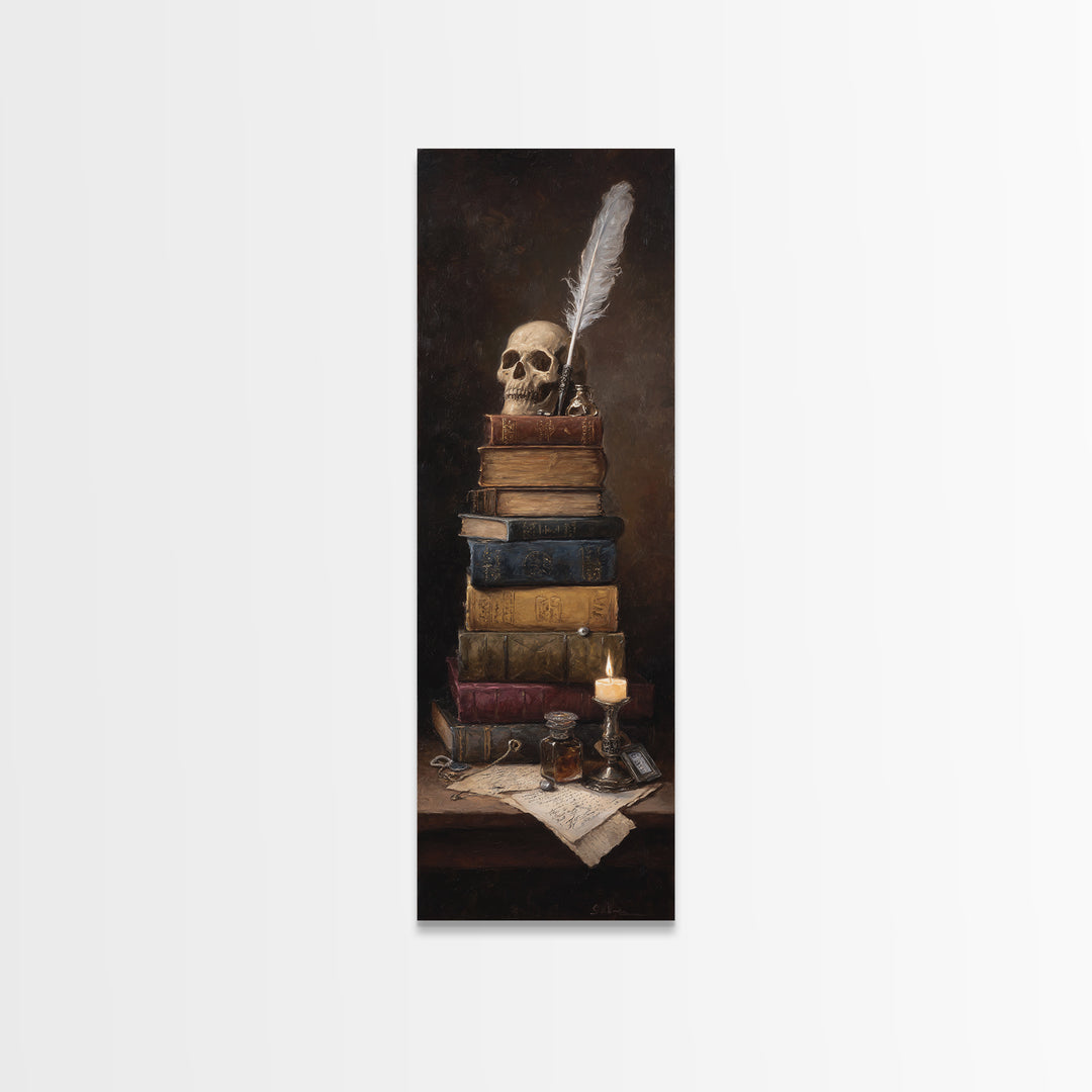 Dark Academia Skull Book and Quill Still Canvas Print, Library Art, Black Cat Art, Library Decor, Archive, Luxury Decor, LIB-1x3-41