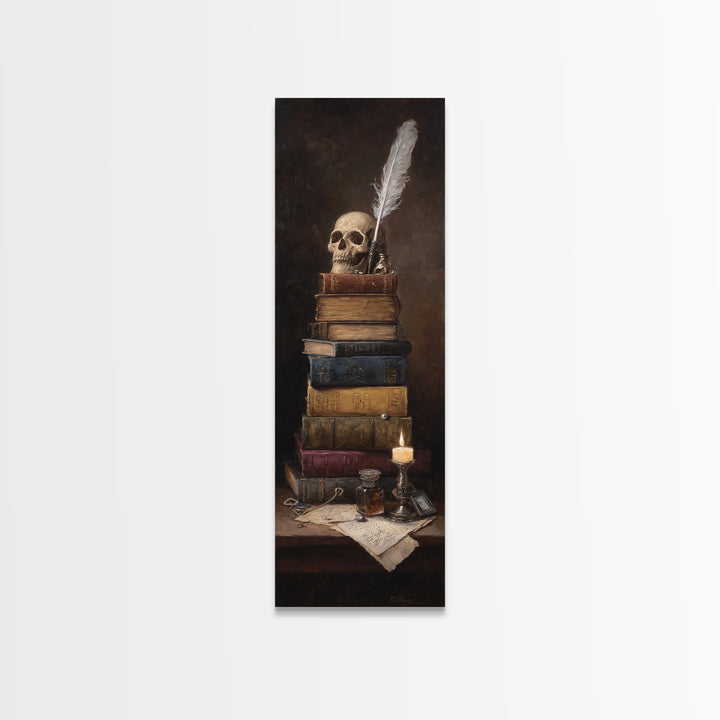 Dark Academia Skull Book and Quill Still Canvas Print, Library Art, Black Cat Art, Library Decor, Archive, Luxury Decor, LIB-1x3-41