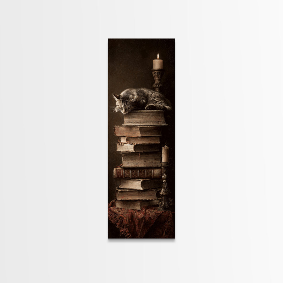 Cat Sleeping on a Book Stack Canvas Print, Library Art, Moody Wall Art, Library Decor, Fine Art, Archive, Gallery Decor, LIB-1x3-43