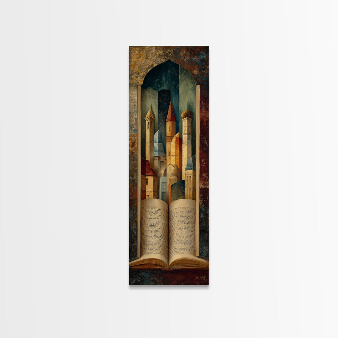 Storybook Castle Emerging from Open Book Canvas Print, Library Art, Dark Academia Art, Library Decor, Abstract Art, Archive, LIB-1x3-51