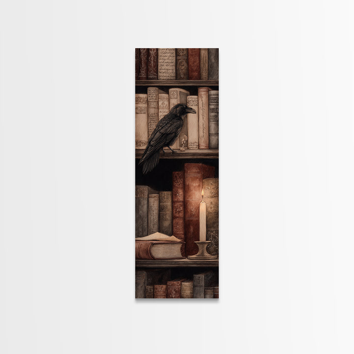 Black Raven Perched on Closed Book Framed Canvas Print, Library Art, Halloween Wall Art, Library Decor, Watercolor Art, Archive, LIB-1x3-58