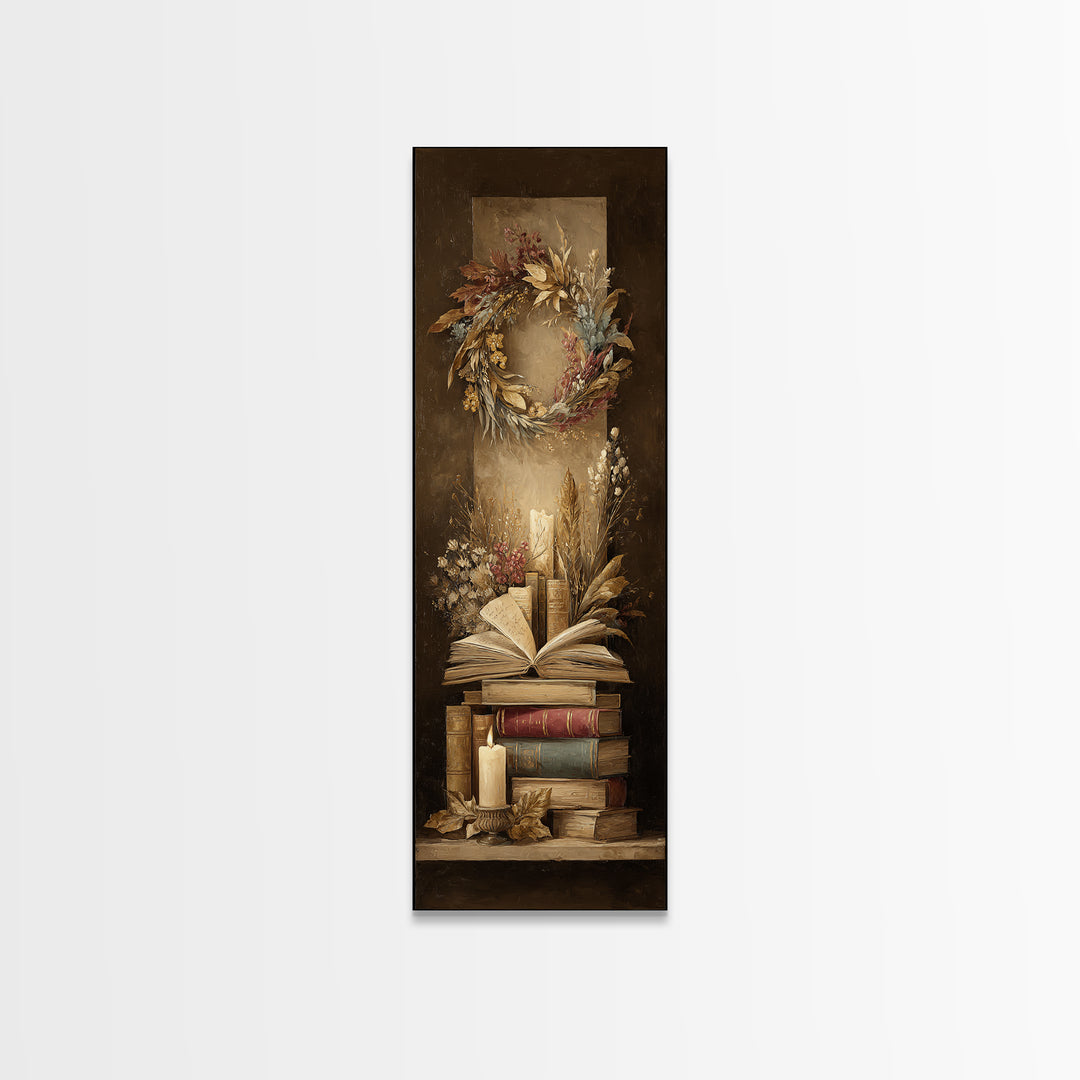 Botanical Wreath Surrounding an Open Book Framed Canvas Print, Library Art, Watercolor Art, Library Decor, Oil Painting, LIB-1x3-84