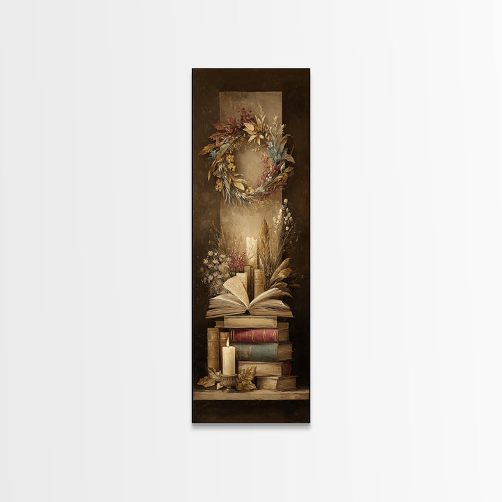 Botanical Wreath Surrounding an Open Book Framed Canvas Print, Library Art, Watercolor Art, Library Decor, Oil Painting, LIB-1x3-84