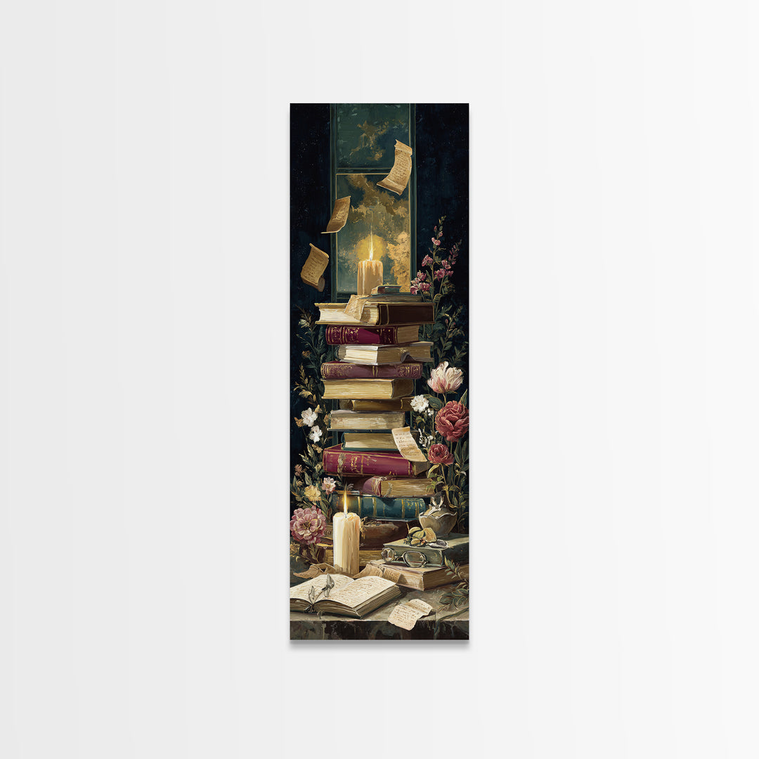 Moonlit Window with Floating Pages Framed Canvas Print, Library Art, Black Cat Art, Library Decor, Fine Art, Archive, LIB-1x3-92