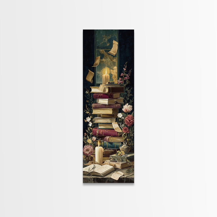 Moonlit Window with Floating Pages Framed Canvas Print, Library Art, Black Cat Art, Library Decor, Fine Art, Archive, LIB-1x3-92