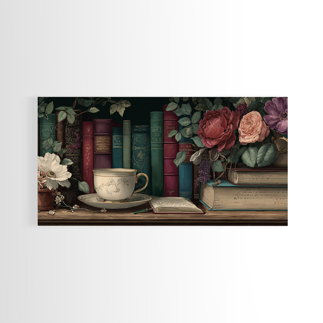 Teacup Beside a Novel and Roses Framed Canvas Print, Library Art, Contemporary Art, Library Decor, Fine Art, Archive, LIB-2x1-10