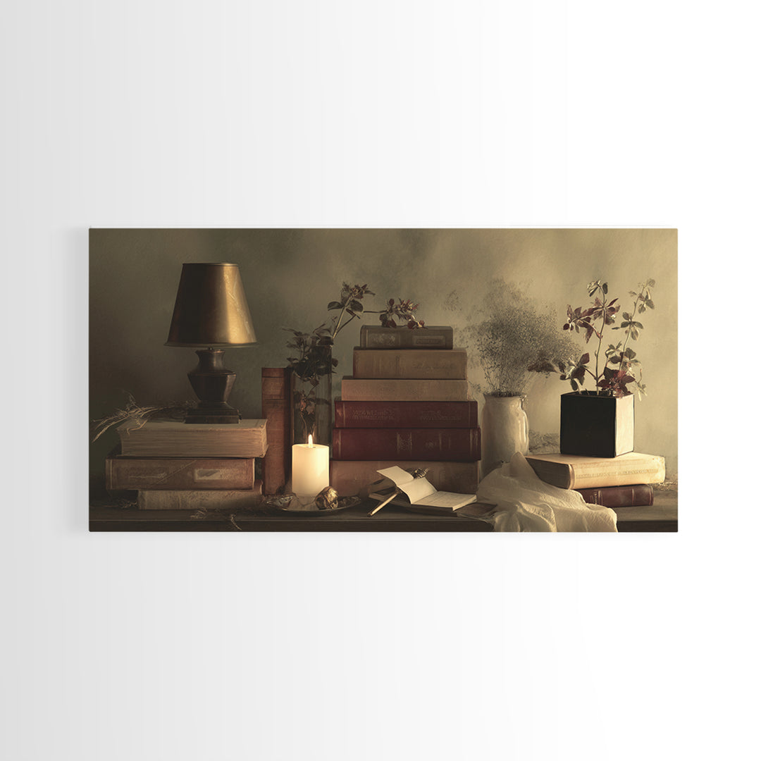 Warm Reading Lamp and Small Plant Still Canvas Print, Library Art, Printable Wall Art, Library Decor, Fine Art, Archive, LIB-2x1-17