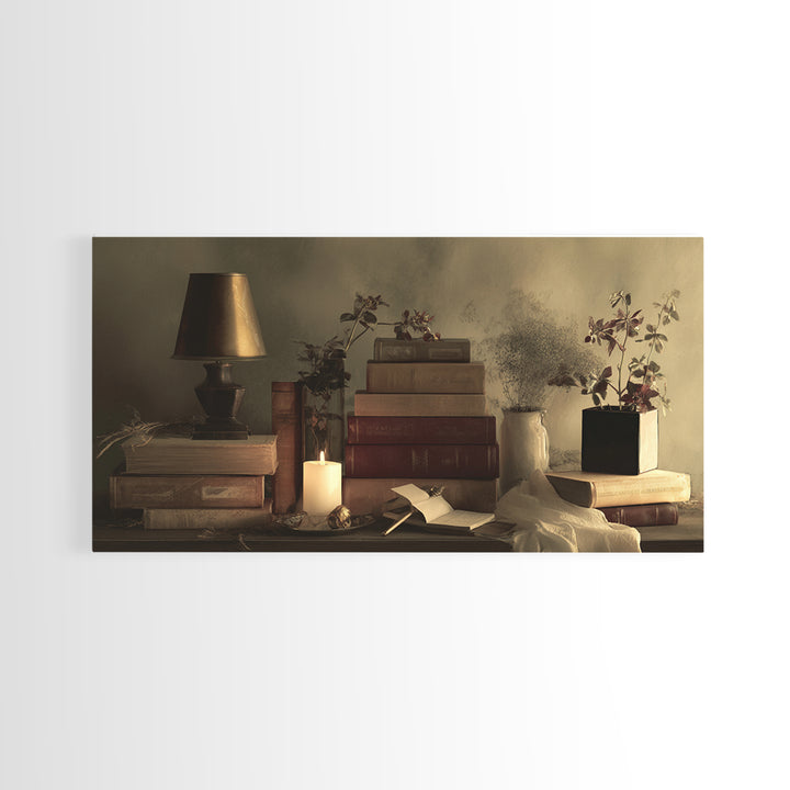 Warm Reading Lamp and Small Plant Still Canvas Print, Library Art, Printable Wall Art, Library Decor, Fine Art, Archive, LIB-2x1-17