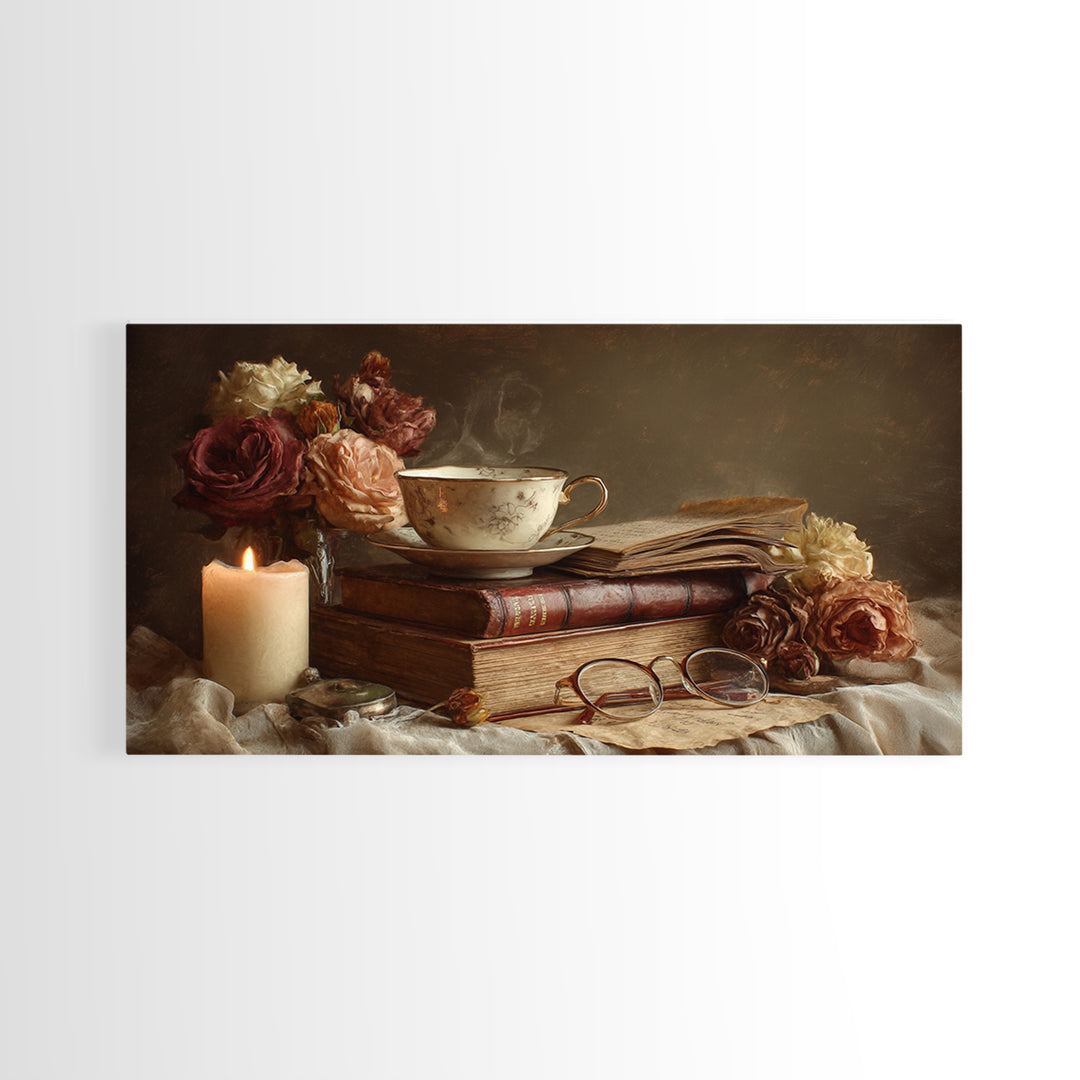 Teacup Beside a Novel and Roses Framed Canvas Print, Library Art, Contemporary Art, Library Decor, Fine Art, Archive, LIB-2x1-34