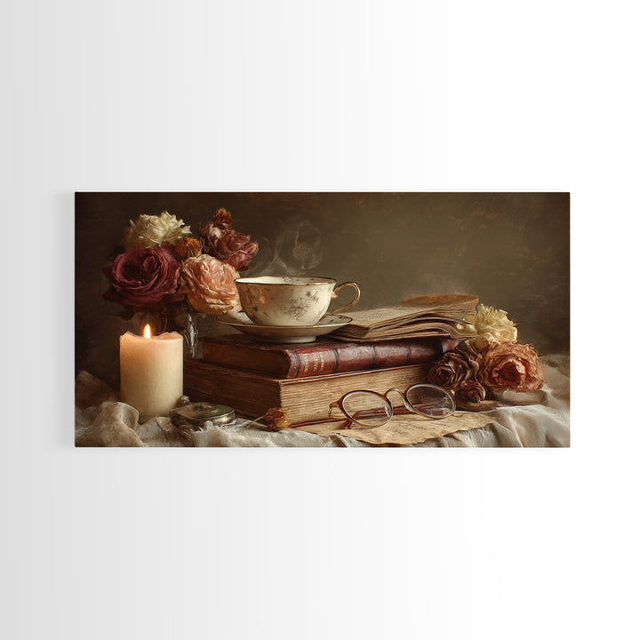 Teacup Beside a Novel and Roses Framed Canvas Print, Library Art, Contemporary Art, Library Decor, Fine Art, Archive, LIB-2x1-34