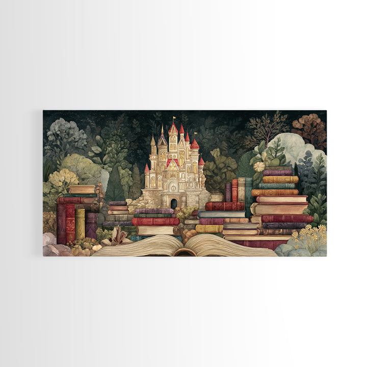 Storybook Castle Emerging from Open Book Framed Canvas Print, Library Art, Wall Art, Library Decor, Oil Painting, Archive, LIB-2x1-35