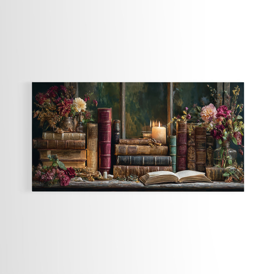 Old Books Stacked Framed Canvas Print, Library Art, Watercolor Painting, Library Decor, Oil Painting, Archive, Black Cat Art, LIB-2x1-45