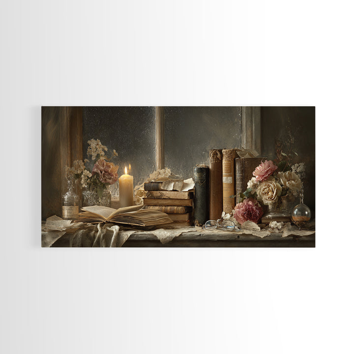 Moonlit Window with Floating Pages Canvas Print, Library Art, Digital Art, Library Decor, Fine Art, Archive, Watercolor Art, LIB-2x1-52