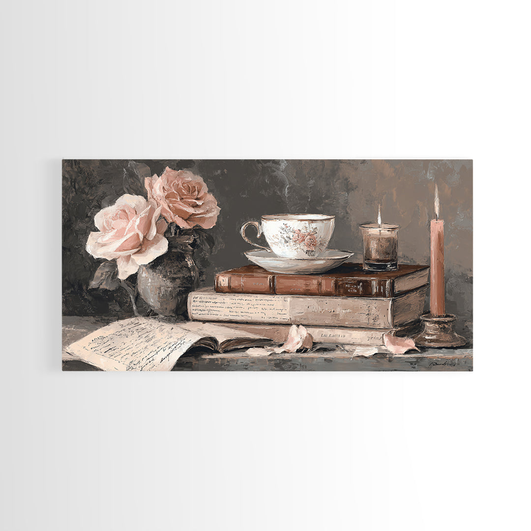 Teacup Beside a Novel and Roses Canvas Print, Library Art, Digital Art, Library Decor, Fine Art, Archive, Watercolor Art, LIB-2x1-58