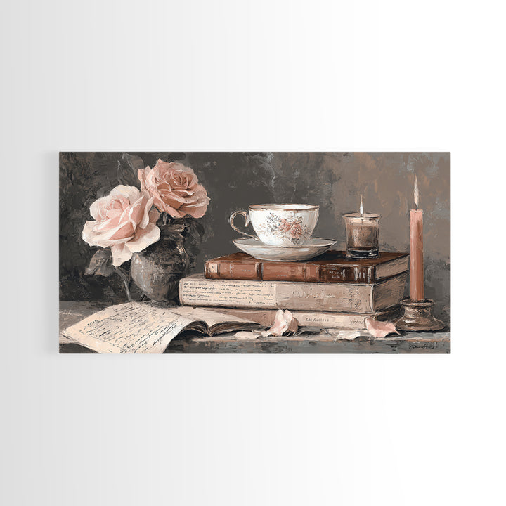 Teacup Beside a Novel and Roses Canvas Print, Library Art, Digital Art, Library Decor, Fine Art, Archive, Watercolor Art, LIB-2x1-58
