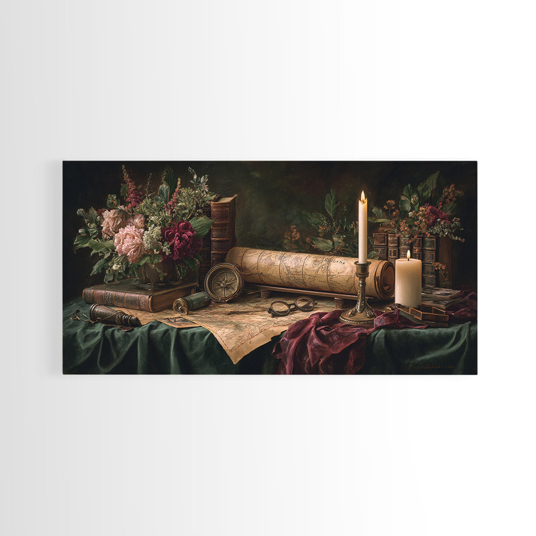 Map and Compass on Leather Bound Atlas Framed Canvas Print, Library Art, Gothic Home Decor, Library Decor, Oil Painting, LIB-2x1-60
