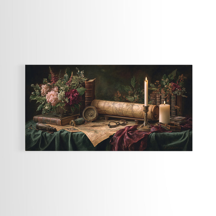 Map and Compass on Leather Bound Atlas Framed Canvas Print, Library Art, Gothic Home Decor, Library Decor, Oil Painting, LIB-2x1-60