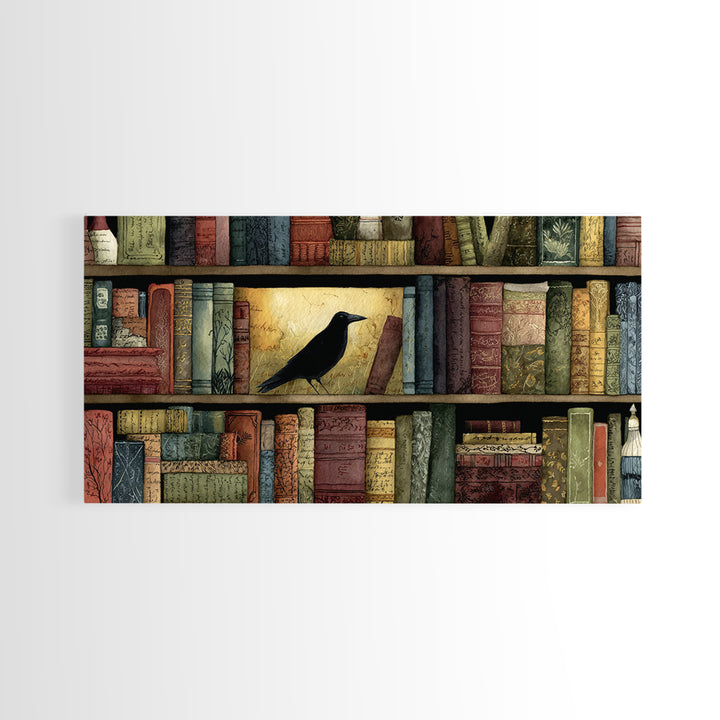 Black Raven Perched on Closed Book Canvas Print, Library Art, Library Decor, Watercolor Art, Archive, Unique Wall Art, LIB-2x1-66