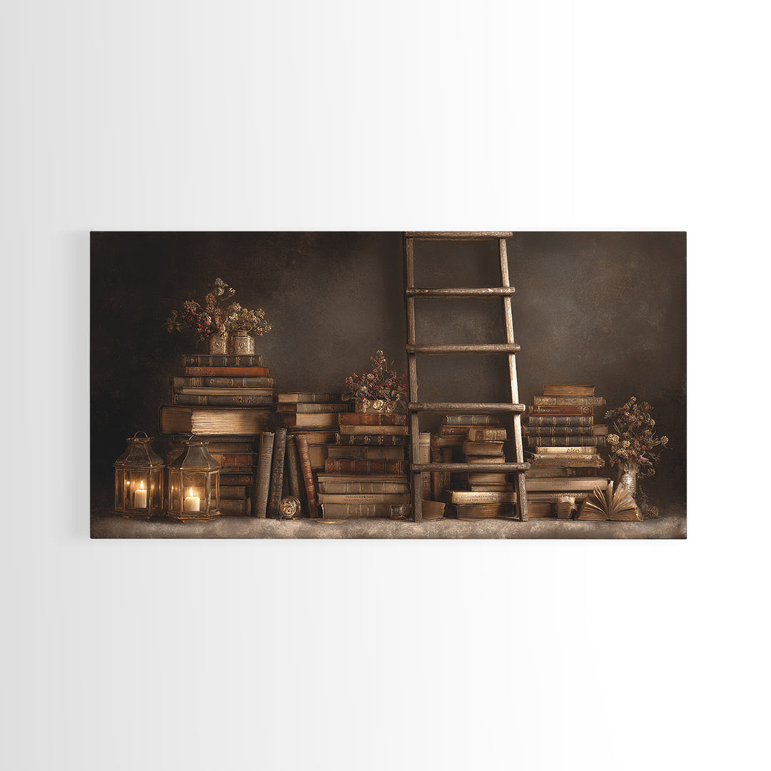 Rolling Library Ladder Canvas Print, Library Art, Dark Academia Art, Library Decor, Abstract Art, Archive, Room Decor, LIB-2x1-71