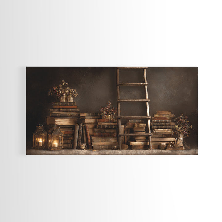 Rolling Library Ladder Canvas Print, Library Art, Dark Academia Art, Library Decor, Abstract Art, Archive, Room Decor, LIB-2x1-71