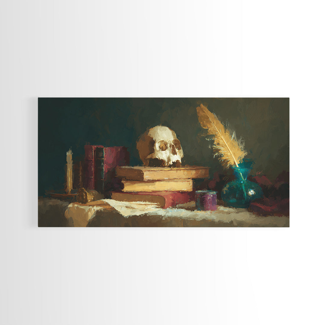 Dark Academia Skull Book and Quill Still Canvas Print, Library Art, Unique Wall Art, Library Decor, Fine Art, Archive, LIB-2x1-73