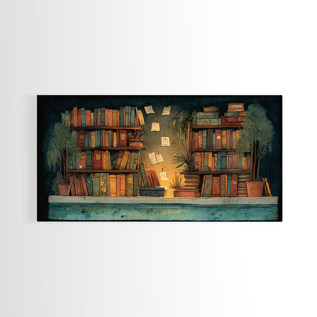 Moonlit Window with Floating Pages Canvas Print, Library Art, Gothic Wall Art, Library Decor, Archive, Bookish Wall Art, LIB-2x1-76