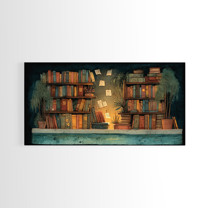 Moonlit Window with Floating Pages Canvas Print, Library Art, Gothic Wall Art, Library Decor, Archive, Bookish Wall Art, LIB-2x1-76