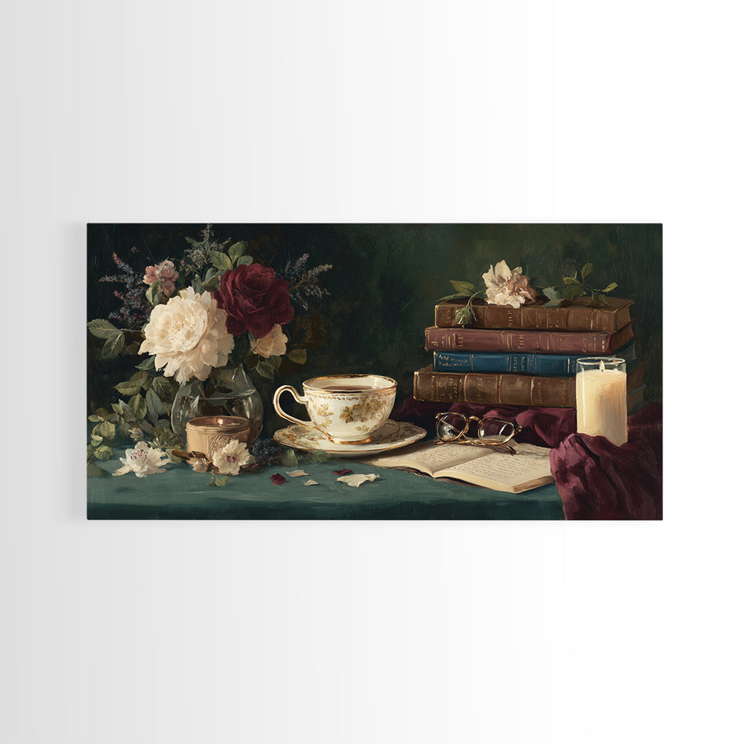 Teacup Beside a Novel and Roses Canvas Print, Library Art, Digital Art, Library Decor, Fine Art, Archive, Watercolor Art, LIB-2x1-82