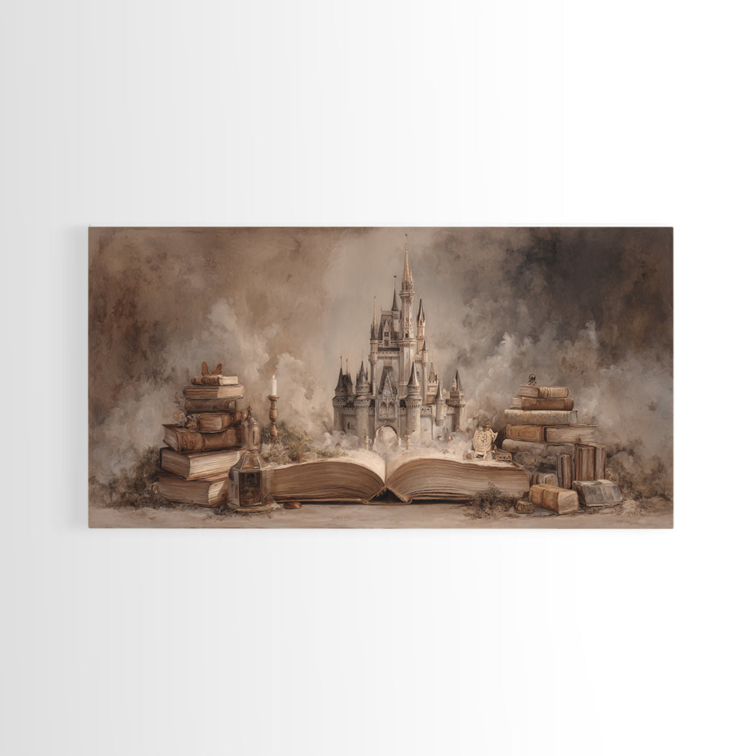 Storybook Castle Emerging from Open Book Framed Canvas Print, Library Art, Painting, Library Decor, Fine Art, Archive, LIB-2x1-83