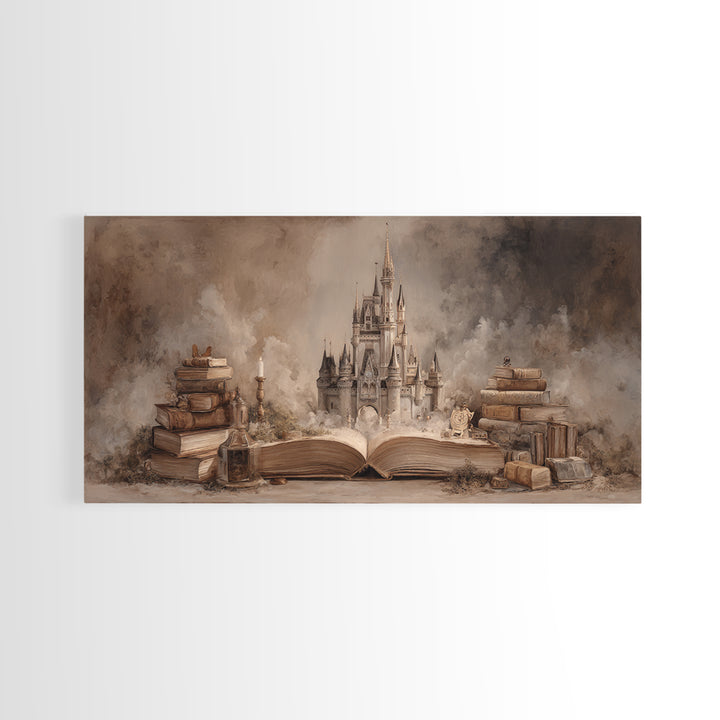 Storybook Castle Emerging from Open Book Framed Canvas Print, Library Art, Painting, Library Decor, Fine Art, Archive, LIB-2x1-83