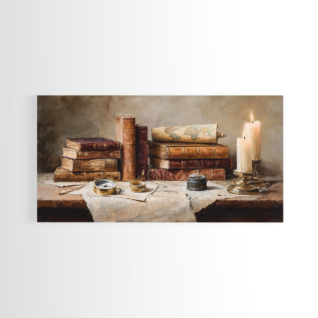 Map and Compass on Leather Bound Atlas Framed Canvas Print, Library Art, Moody Wall Art, Library Decor, Fine Art, Archive, LIB-2x1-84