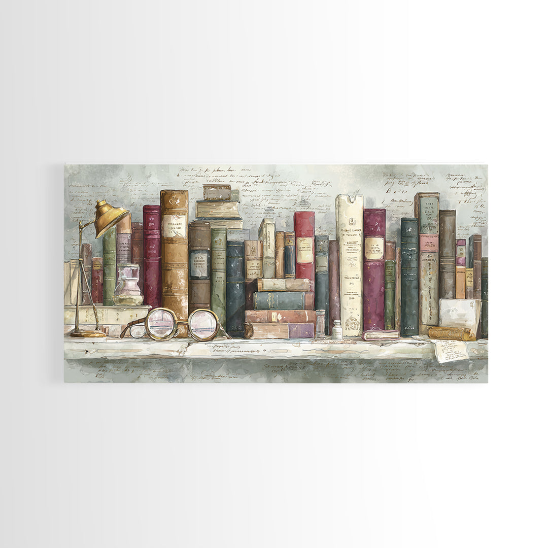 Antique Spectacles on a Manuscript Framed Canvas Print, Library Art, Unique Wall Art, Library Decor, Fine Art, Archive, LIB-2x1-88