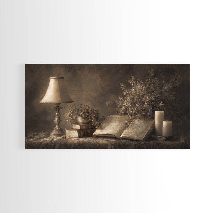 Warm Reading Lamp and Small Plant Still Canvas Print, Library Art, Watercolor Art, Library Decor, Archive, Halloween Wall Art, LIB-2x1-89