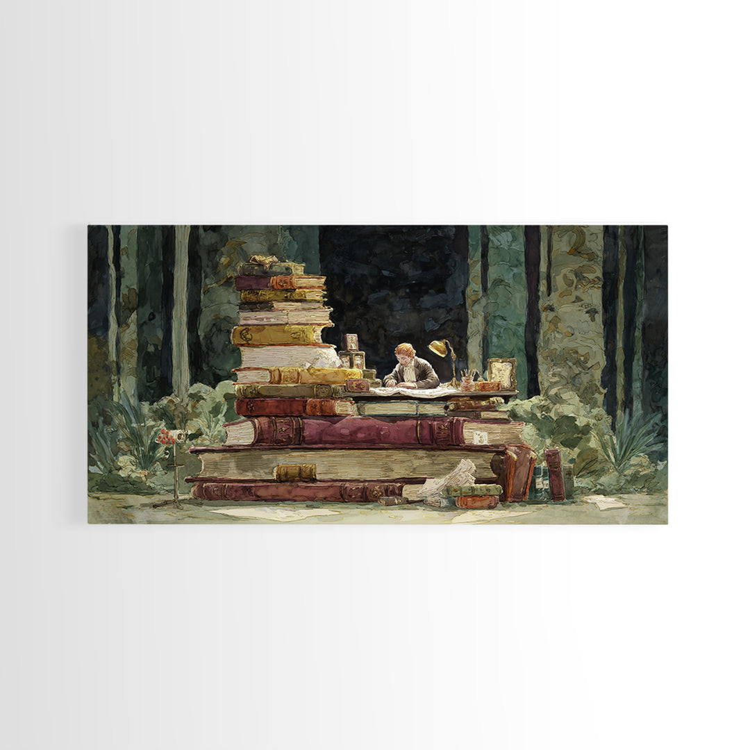 Renaissance Reading Figure Framed Canvas Print, Library Art, Dark Academia Decor, Library Decor, Archive, Botanical Art, LIB-2x1-91