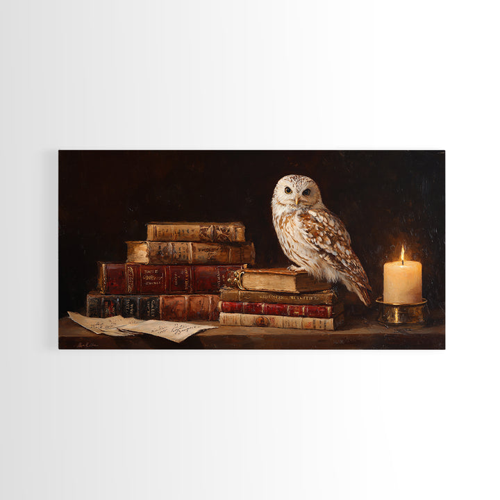 Owl Perched on a Pile of Antique Canvas Print, Library Art, Printable Art, Library Decor, Fine Art, Archive, Bookish Decor, LIB-2x1-94