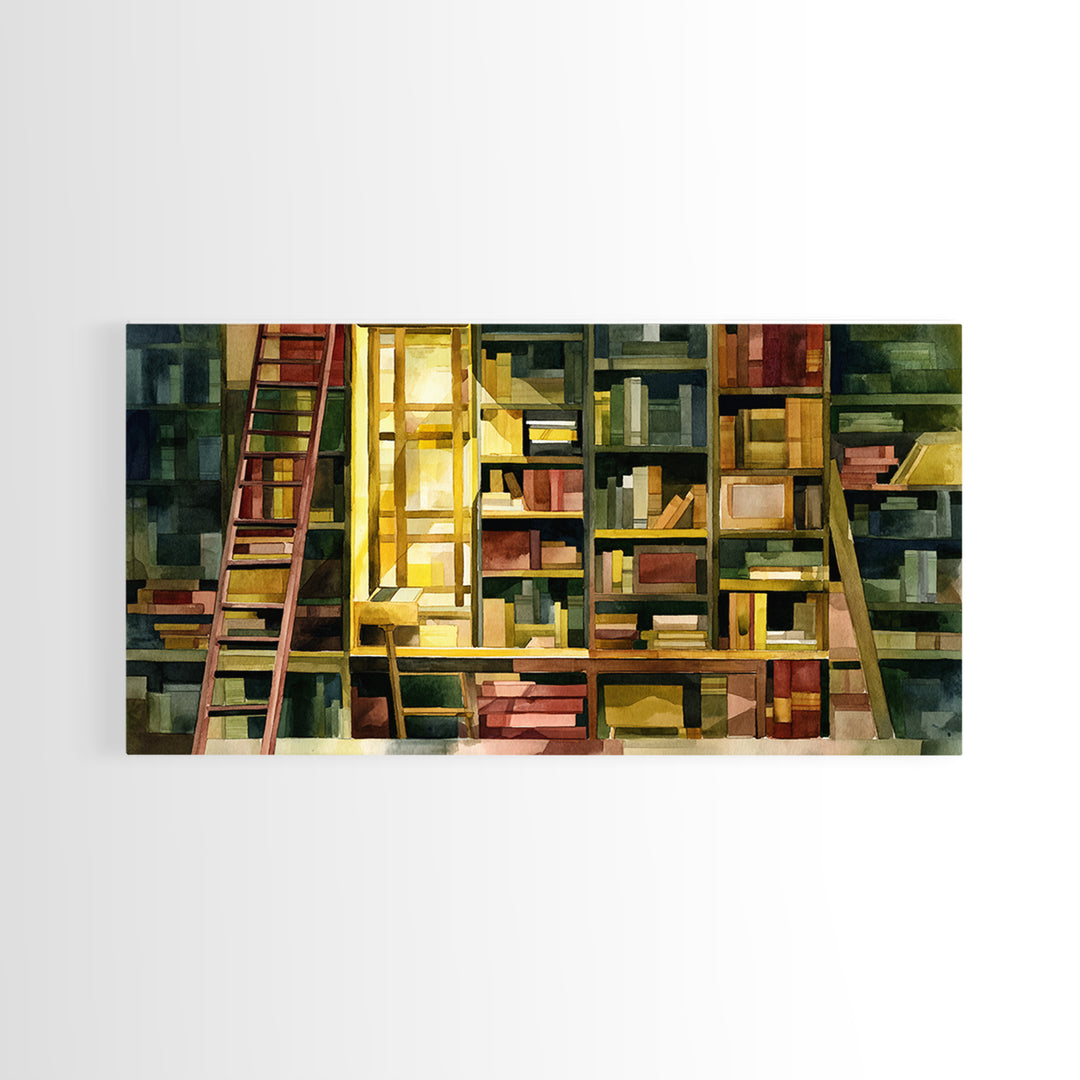 Rolling Library Ladder Framed Canvas Print, Library Art, Neutral Decor, Library Decor, Fine Art, Archive, Home Decor, LIB-2x1-95