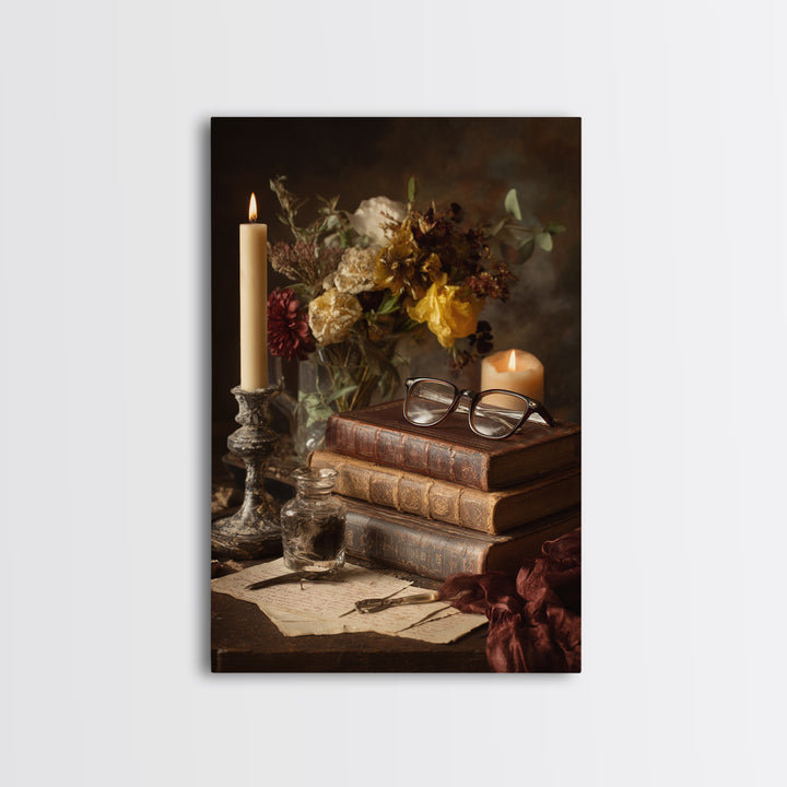 Antique Spectacles on a Manuscript Framed Canvas Print, Library Art, Digital Art, Library Decor, Archive, Watercolor Art, LIB-2x3-100