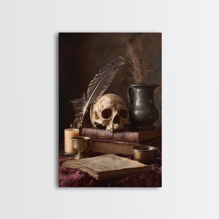 Dark Academia Skull Book and Quill Still Framed Canvas Print, Library Art, Dark Academia Decor, Library Decor, Archive, LIB-2x3-13