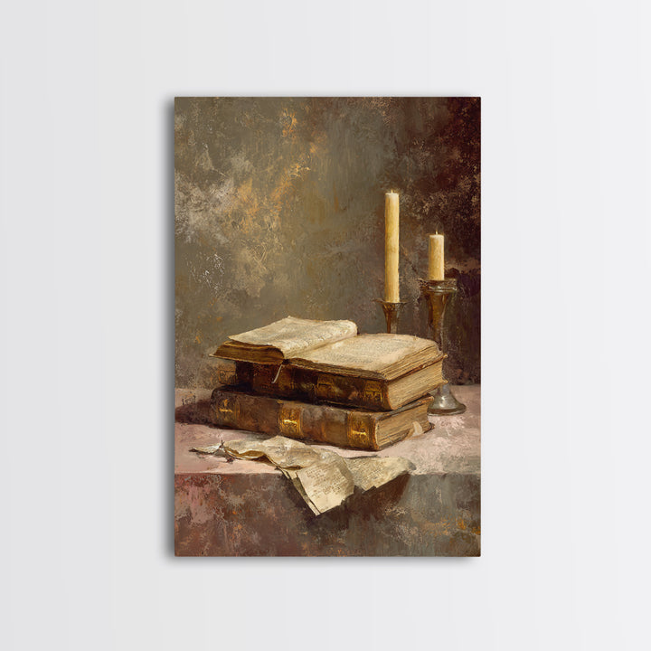 Ancient Book with Brass Clasps Framed Canvas Print, Library Art, Gothic Home Decor, Library Decor, Oil Painting, Archive, LIB-2x3-21