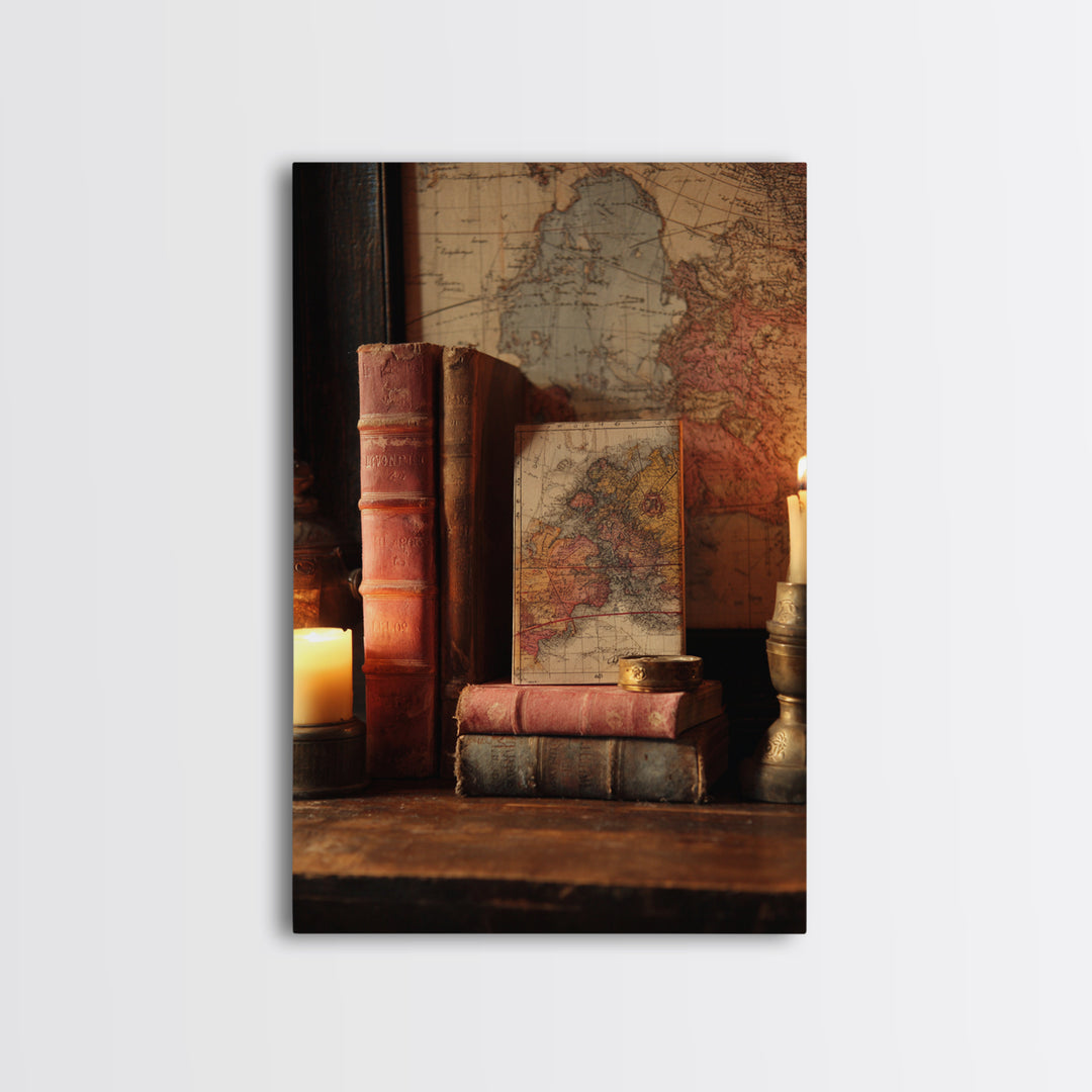 Map and Compass on Leather Bound Atlas Framed Canvas Print, Library Art, Modern Decor, Library Decor, Fine Art, Archive, LIB-2x3-24