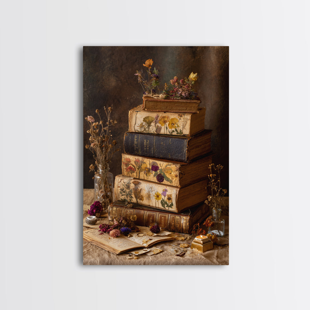 Botanical Pressed Flowers Inside Old Pages Framed Canvas Print, Library Art, Wall Art Print, Library Decor, Fine Art, Archive, LIB-2x3-41