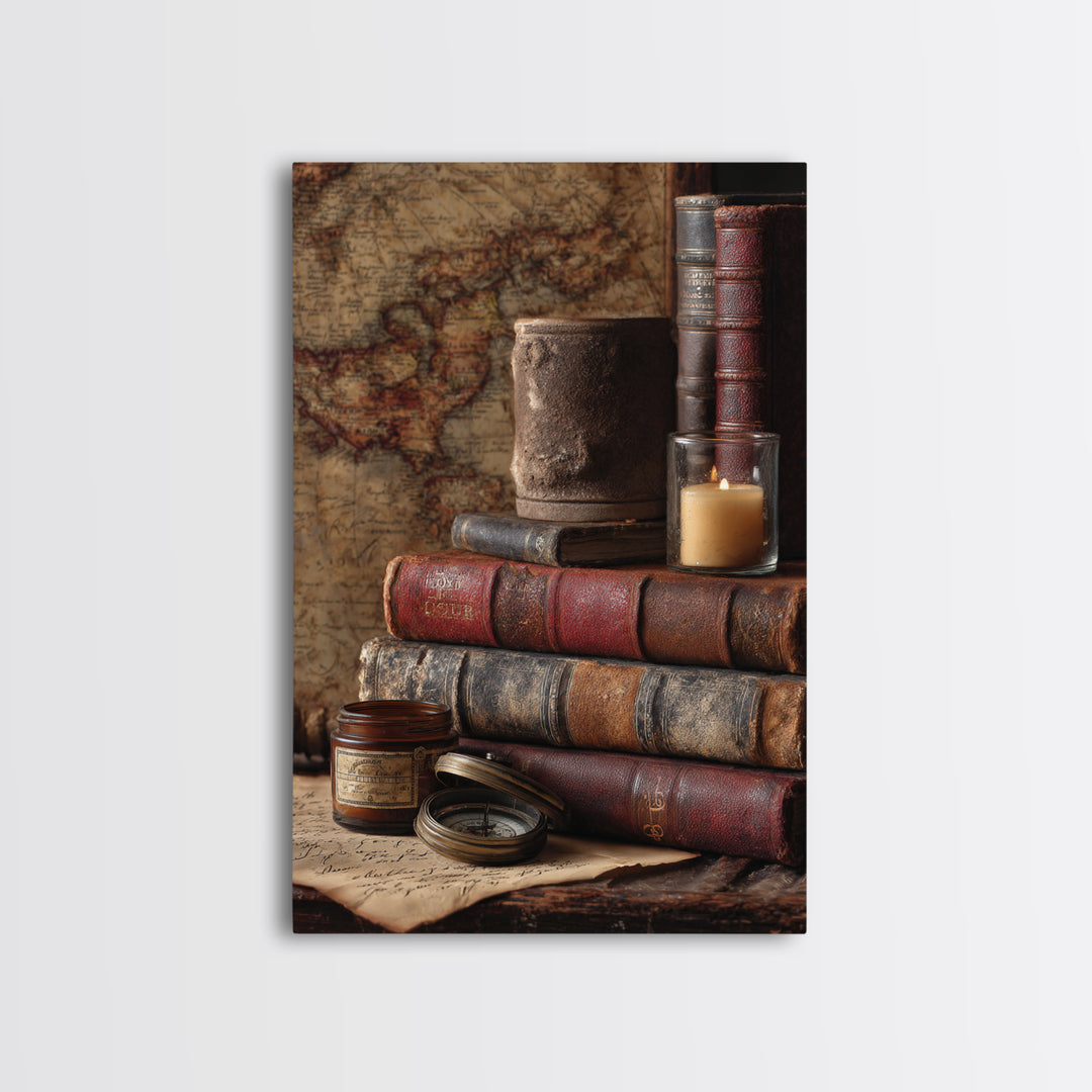 Map and Compass on Leather Bound Atlas Canvas Print, Library Art, Gothic Home Decor, Library Decor, Oil Painting, Archive, LIB-2x3-72