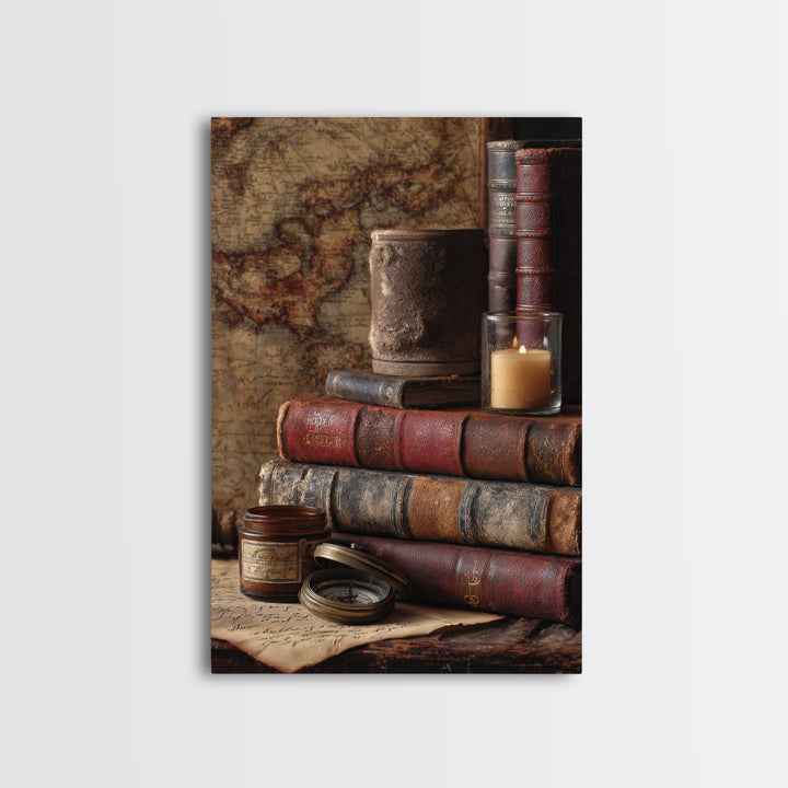 Map and Compass on Leather Bound Atlas Canvas Print, Library Art, Gothic Home Decor, Library Decor, Oil Painting, Archive, LIB-2x3-72